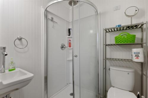 een badkamer met een douche, een toilet en een wastafel bij 232 W Pine Ave 2 Beds, 1 Bath in Wildwood