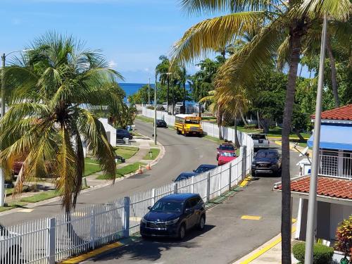 een straat met auto's geparkeerd op een weg met palmbomen bij Dorado Beach Condo in Dorado