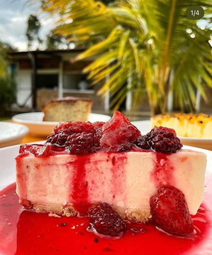a piece of cheesecake with berries on a plate at Hotel Campestre Veredal - Quindío - Eje Cafetero in Montenegro