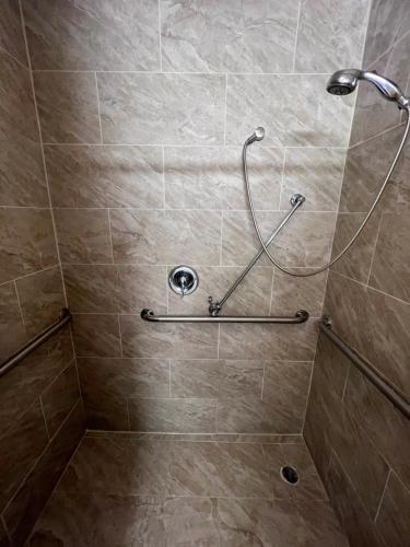 a shower with a shower head in a bathroom at University Inn Chico in Chico