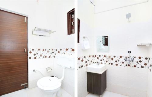 - deux images d'une salle de bains avec toilettes et lavabo dans l'établissement Hotel Royal shades, à Chandigarh