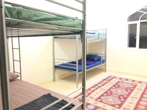 a room with two bunk beds and a rug at Heritage Hostel Muscat in Muscat