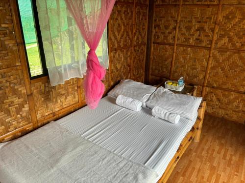Ce lit se trouve dans un dortoir doté d'une moustiquaire rose. dans l'établissement Camelo Farm, à Bilar