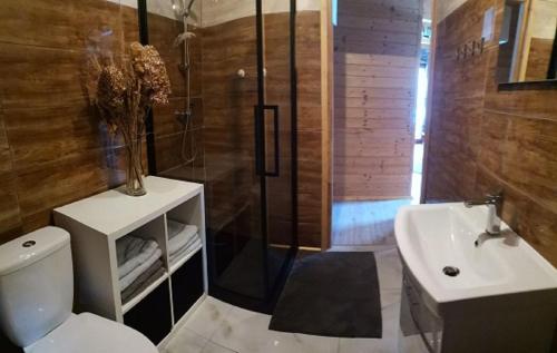 a bathroom with a shower and a toilet and a sink at Dziki zakątek Piskornia dom z sauną in Piskornia