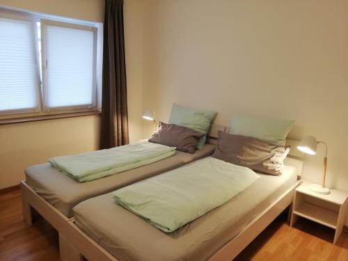dos camas sentadas una al lado de la otra en una habitación en Barrierefreies Appartement auf der Alb, en Trochtelfingen