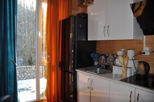 a kitchen with a refrigerator and a sink next to a window at Saminavo in Chʼokhatauri
