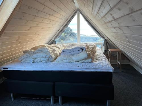 a bed in a tent with a large window at Hvalkigger huset in Ilulissat
