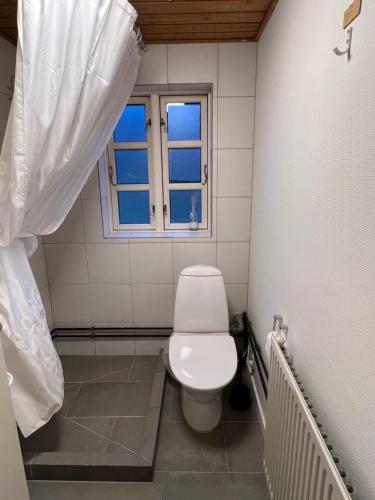 a small bathroom with a toilet and a window at Hvalkigger huset in Ilulissat