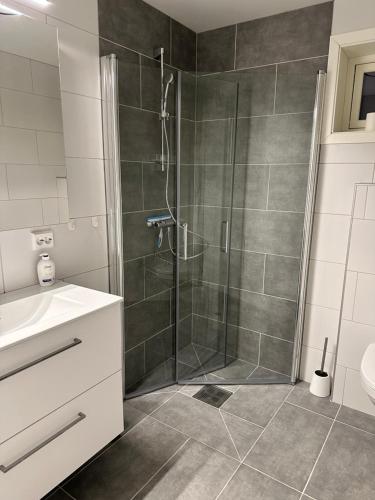 a bathroom with a shower and a sink at Your home away from home, apartment 2 in Tromsø