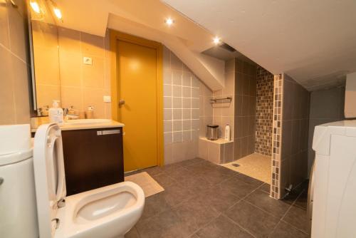 uma casa de banho com um WC, um lavatório e um chuveiro em Barcelona Apartment Near Park Güell em Barcelona