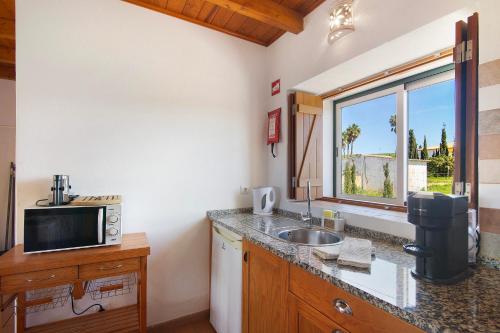 a kitchen with a sink and a microwave at Casa Pimenta Rosa in Alvor