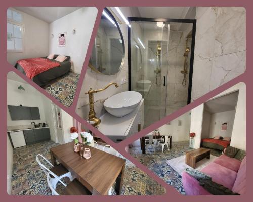 un collage de photos d'une salle de bains pourvue d'un lavabo et d'une douche. dans l'établissement AGENCE DU SACRE COEUR Immobilier, à Perpignan