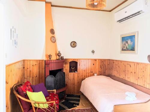 sypialnia z łóżkiem i kominkiem w obiekcie Zenios Alexandros - Traditional penthouse w mieście Oia