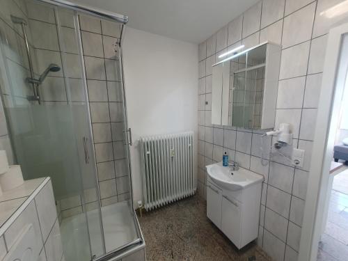 ein Bad mit einer Dusche, einem Waschbecken und einem Spiegel in der Unterkunft 1-Zimmer-Wohnung-EG Fewo 2 Rupertsberg in Sankt Georgen im Schwarzwald