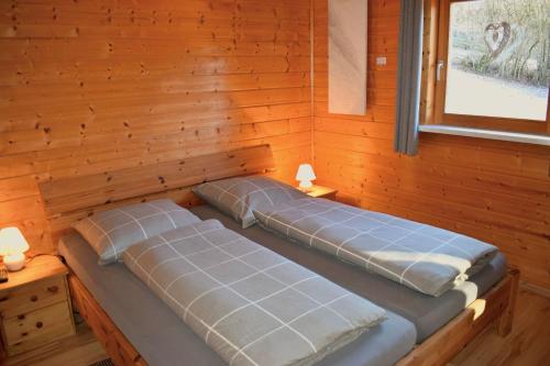 two beds in a room with wooden walls at Ferienwohnungen am Burgberg in Lichtenberg