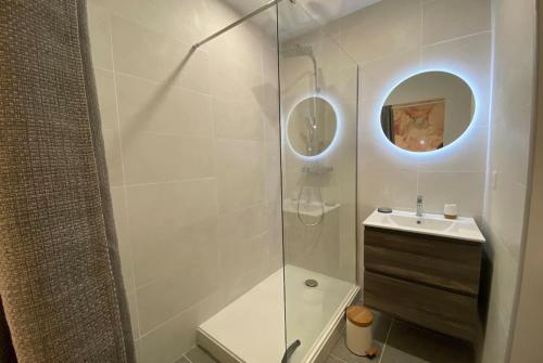 une salle de bain avec une douche en verre et un lavabo dans l'établissement Cocon des Chandeliers, à Bordeaux