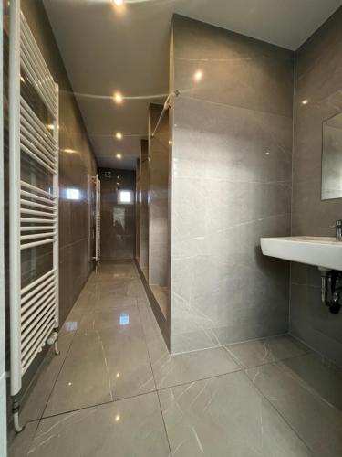 a bathroom with a walk in shower and a sink at Mieterlux Frankfurt Heusenstamm in Heusenstamm