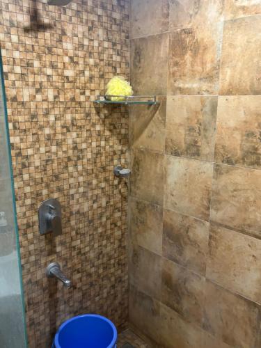 bagno con doccia piastrellata e servizi igienici blu di Belizia12 a Surat