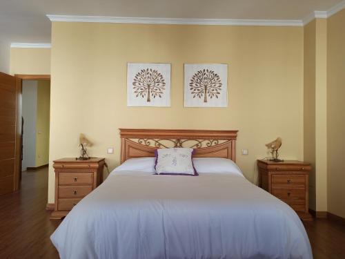 ein Schlafzimmer mit einem großen Bett und zwei Nachttischen in der Unterkunft Casa Rural El Almez in Horcajo de Santiago
