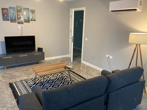 uma sala de estar com um sofá azul e uma televisão em Adana Centrum Flat 1 em Seyhan