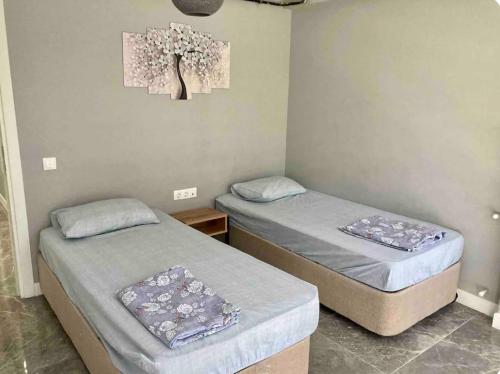 2 Einzelbetten in einem Zimmer mit einem Baumbild an der Wand in der Unterkunft Adana Centrum Flat 1 in Seyhan