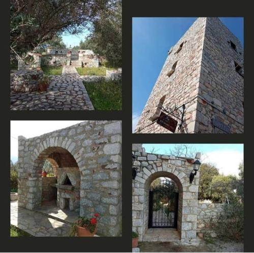 a collage of four pictures of a stone oven at Charouda stone tower xenonas in Pyrgos Dirou
