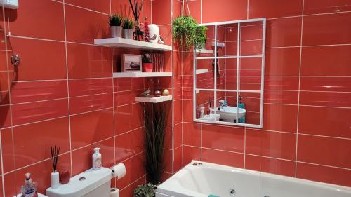 ein rot gefliestes Bad mit einer Badewanne und einem Spiegel in der Unterkunft Rathlin Apartments, Apt4 2 ramore avenue portrush BT56 8BB in Portrush