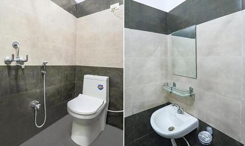 Duas fotografias de uma casa de banho com WC e lavatório. em VINAYAK GUESTHOUSE em Lucknow