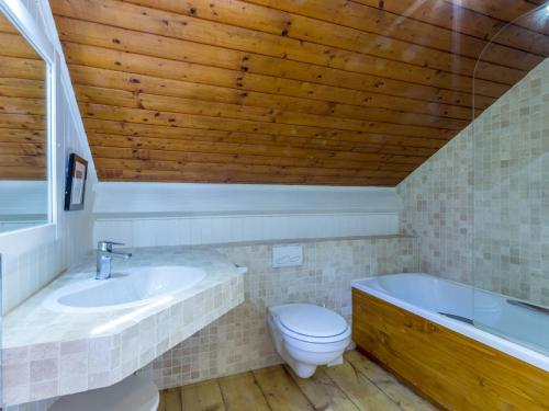拉克呂薩的住宿－Chalet La Clusaz, 5 pièces, 8 personnes - FR-1-304-108，浴室配有卫生间、盥洗盆和浴缸。
