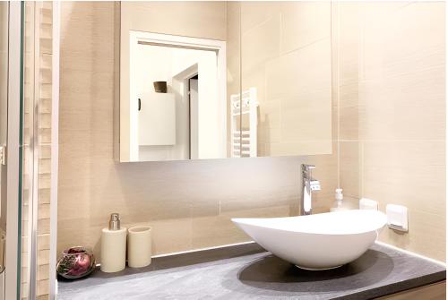 巴黎的住宿－Seine Apartment，浴室设有白色水槽和镜子