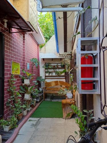 a courtyard with plants and a bed in a building at AJ Transient House in Gairan