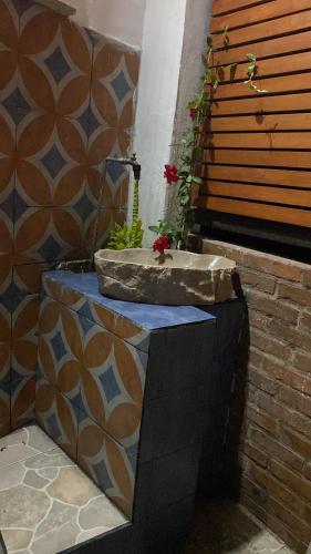 La salle de bains est pourvue d'un lavabo en pierre sur un mur. dans l'établissement Chalet la Adornada, à Taxco