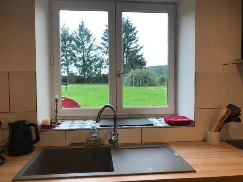 eine Küchentheke mit einem Waschbecken und einem Fenster in der Unterkunft Cottage de Vittefleur in Vittefleur
