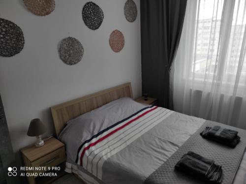 um quarto com uma cama com corações na parede em Nairda apartament em Suceava