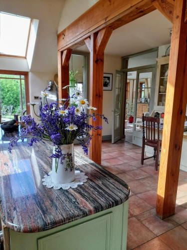 a vase of flowers on a counter in a kitchen at Kenmare Eco Lodge in Kenmare