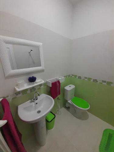 a green and white bathroom with a sink and a toilet at Hotel Dar Ali in Tunis