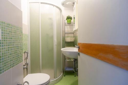 a bathroom with a shower and a toilet and a sink at Monolocale CM in Follonica