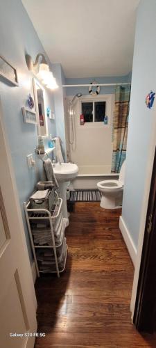 uma casa de banho com um lavatório e um WC em Ethyl's Place em Port Clinton