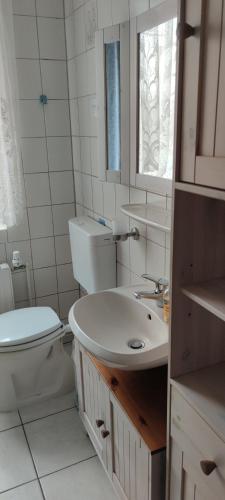 a white bathroom with a toilet and a sink at Ferienwohnung Marienkäfer in Wulkow
