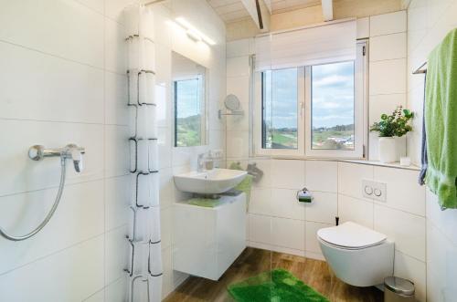 a white bathroom with a sink and a toilet at Appartment Naturblick in Stockach