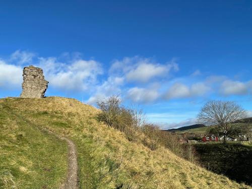a stoneolith on top of a grassy hill at Beech Cottage with Clun Castle View in Clun