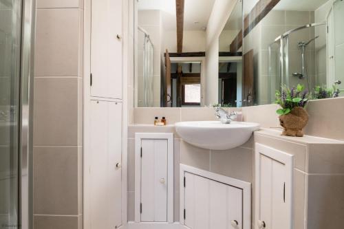 a bathroom with a sink and a mirror at Bull Pen and Cart Lodge in Herstmonceux