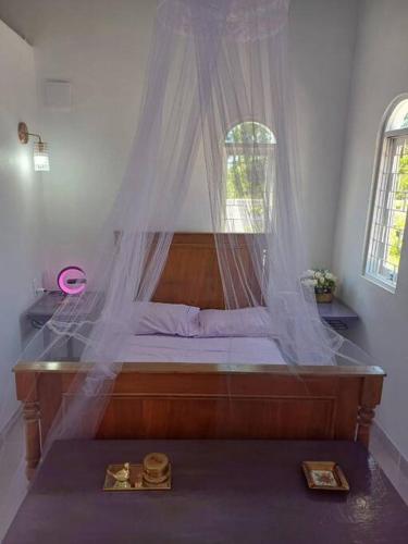a bedroom with a bed with a mosquito net at Casa do Mato II in São Lourenço do Sul
