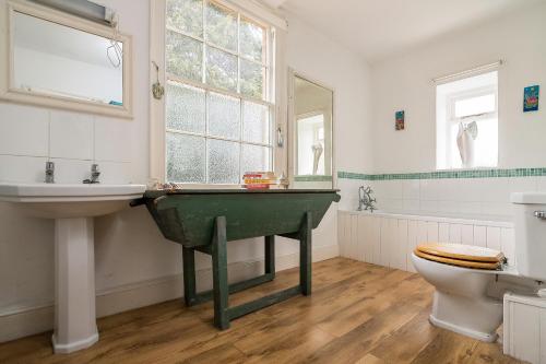 baño con lavabo verde y aseo en The Old Rectory, en Sedgeberrow