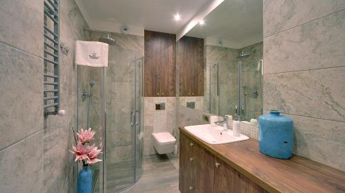 a bathroom with a sink and a shower and a toilet at Norweska Dolina Family&Pet-friendly Resort in Szklarska Poręba