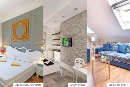 2 imágenes de un dormitorio y una sala de estar en Downtown Belgrade Apartments, en Belgrado