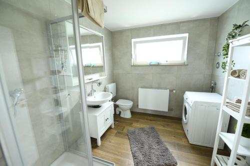 een badkamer met een douche, een wastafel en een toilet bij Ferienwohnung Niestetal in Niestetal