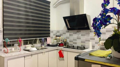 eine Küche mit einem Waschbecken und einem TV an der Wand in der Unterkunft Lily's HomeStay in Kulim