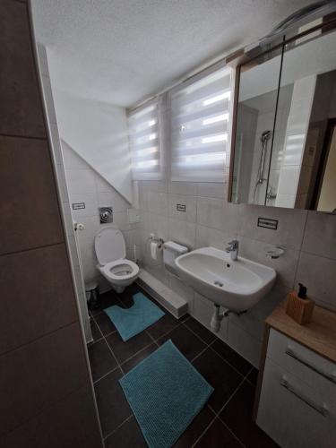 a bathroom with a sink and a toilet and a mirror at Apartment LARA in Sankt Peter am Bichl