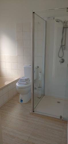 a bathroom with a toilet and a shower with a glass door at Great Three Bedroom House Opposite Hospital & University in Frankston